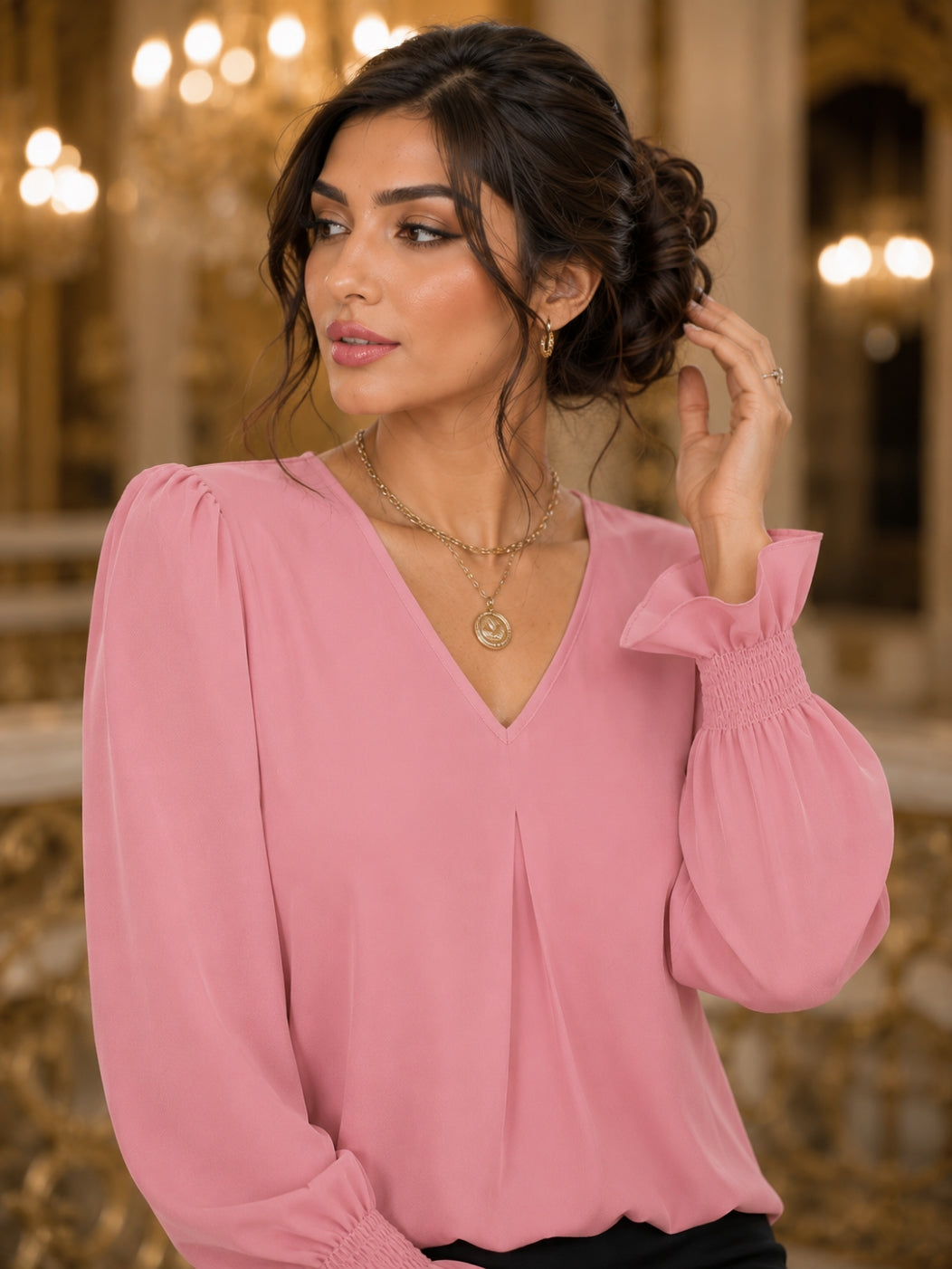 Fashion Simple Solid Color Pullover Shirt Women Loose V-neck Flared Sleeve Shirts Top Female Elegant Commuting Clothing