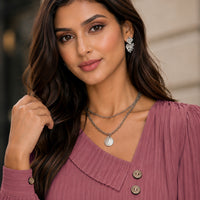 Simple Button V-neck Pullover Women's Solid Long Sleeve Casual T-shirts Elegant Lady Blouses
