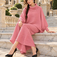 Pleated High Collar Lantern Sleeve Tops Wide Leg Pants Women Spring Causal Two Piece Sets Natalia Home Fashion    Natalia Home Fashion
