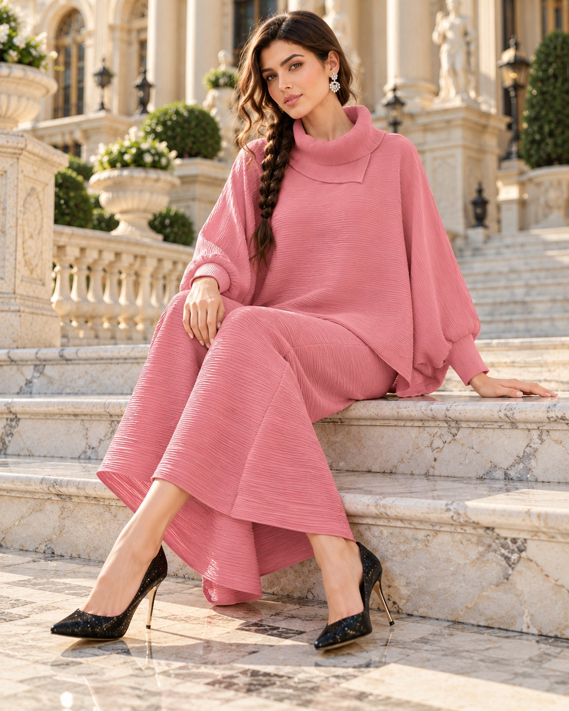 Pleated High Collar Lantern Sleeve Tops Wide Leg Pants Women Spring Causal Two Piece Sets Natalia Home Fashion    Natalia Home Fashion