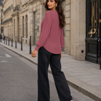 Simple Button V-neck Pullover Women's Solid Long Sleeve Casual T-shirts Elegant Lady Blouses
