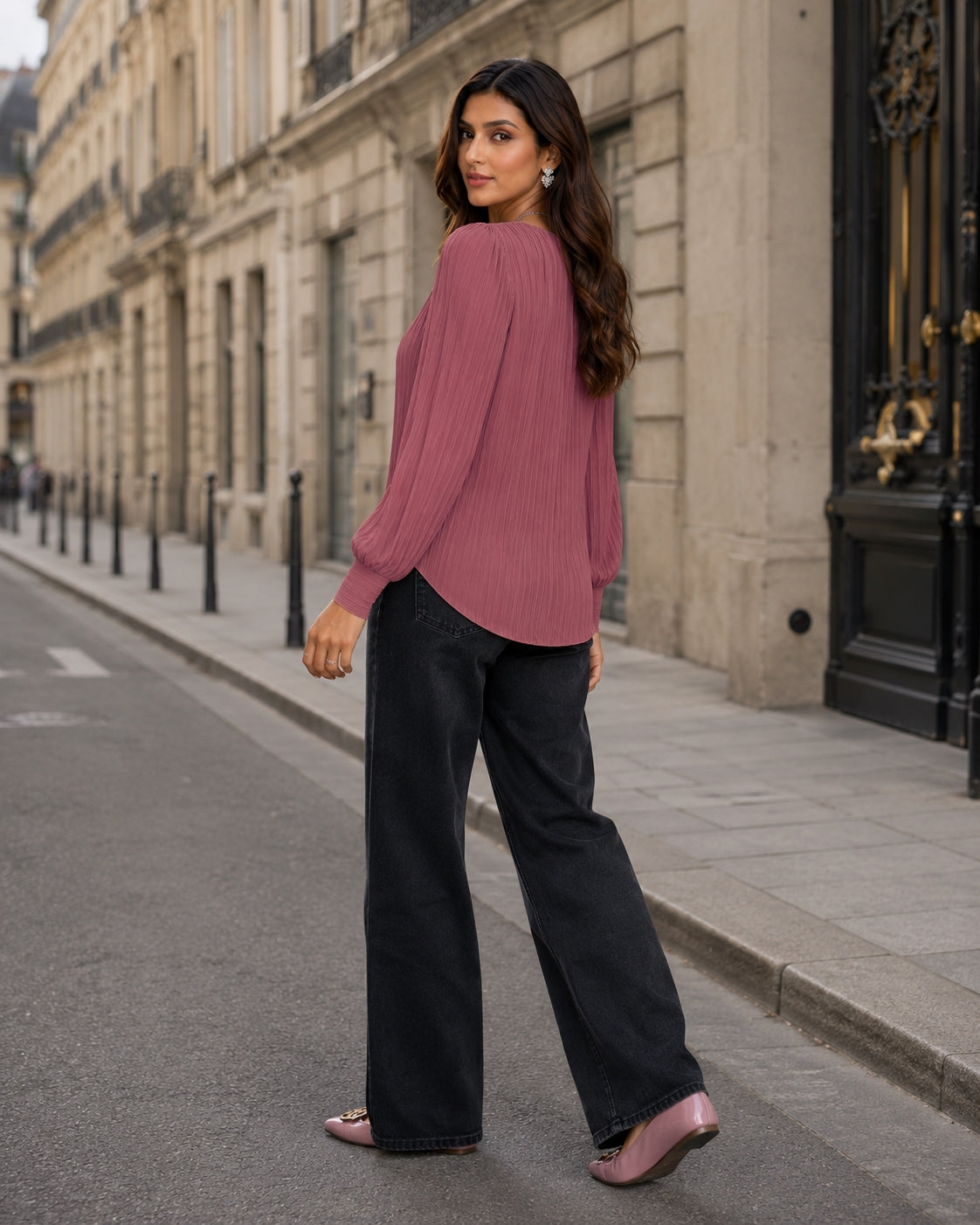 Simple Button V-neck Pullover Women's Solid Long Sleeve Casual T-shirts Elegant Lady Blouses