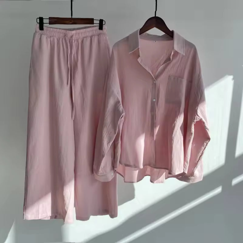 Cotton and Linen Shirt Suit High Waist Loose Trousers Elegant Women Sets Two Piece Set for Women Natalia Home Fashion    Natalia Home Fashion