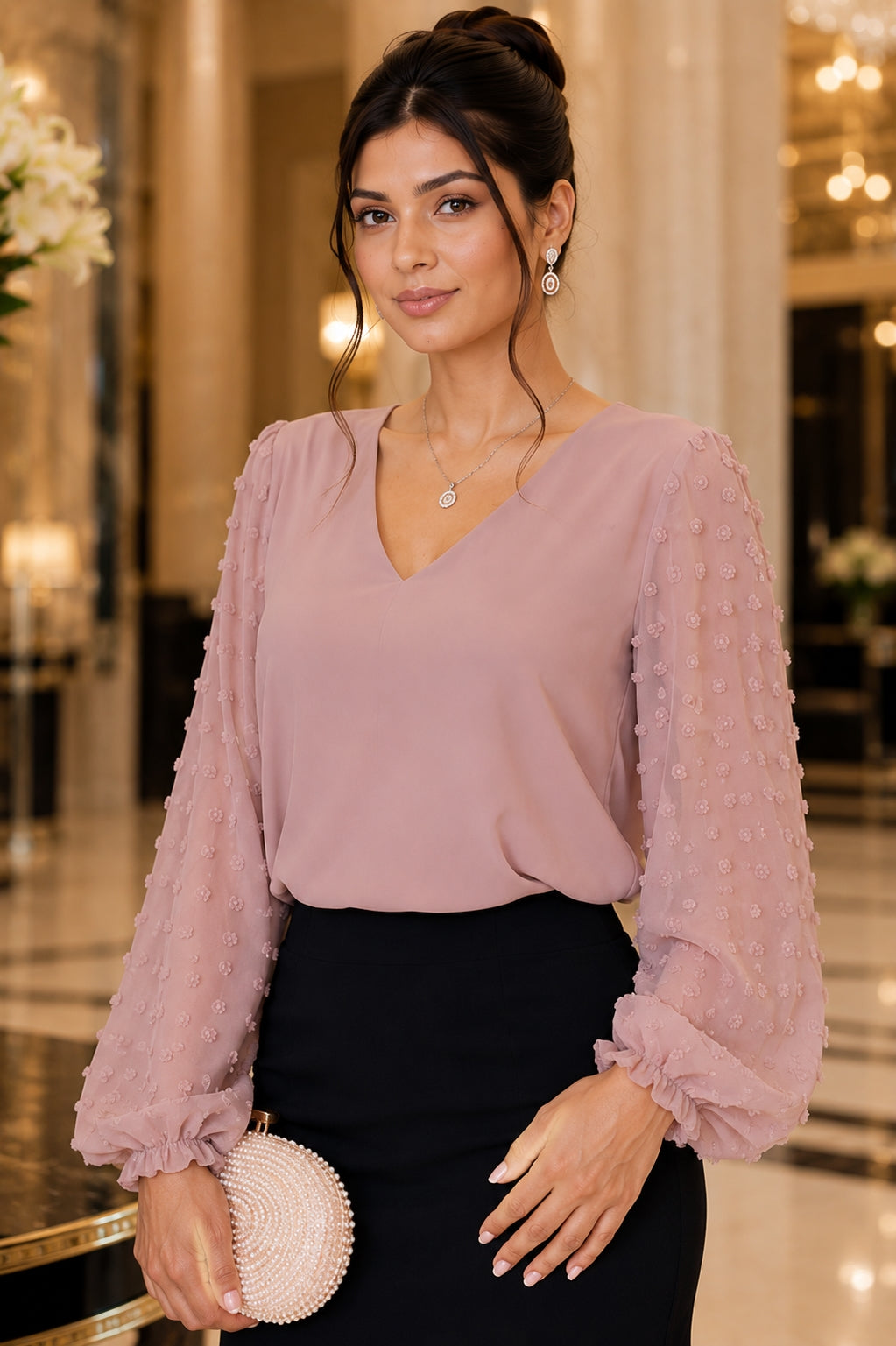 Women Blouses Shirts Lady Casual V-Neck Long Lantern Sleeve Solid Color Blouse Tops Natalia Home Fashion    Natalia Home Fashion