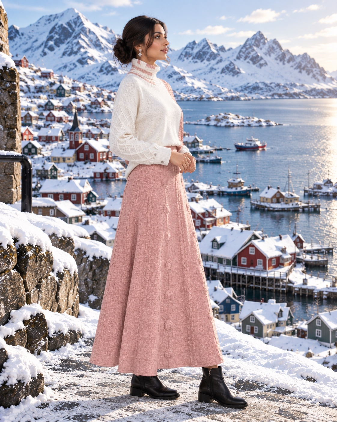 Women's Cable Knit Two Piece Set: High Neck Long Sleeve Sweater & A-Line Midi Skirt, Casual Elegant Pullover Outfit Natalia Home Fashion    Natalia Home Fashion