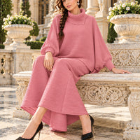 Pleated High Collar Lantern Sleeve Tops Wide Leg Pants Women Spring Causal Two Piece Sets Natalia Home Fashion    Natalia Home Fashion