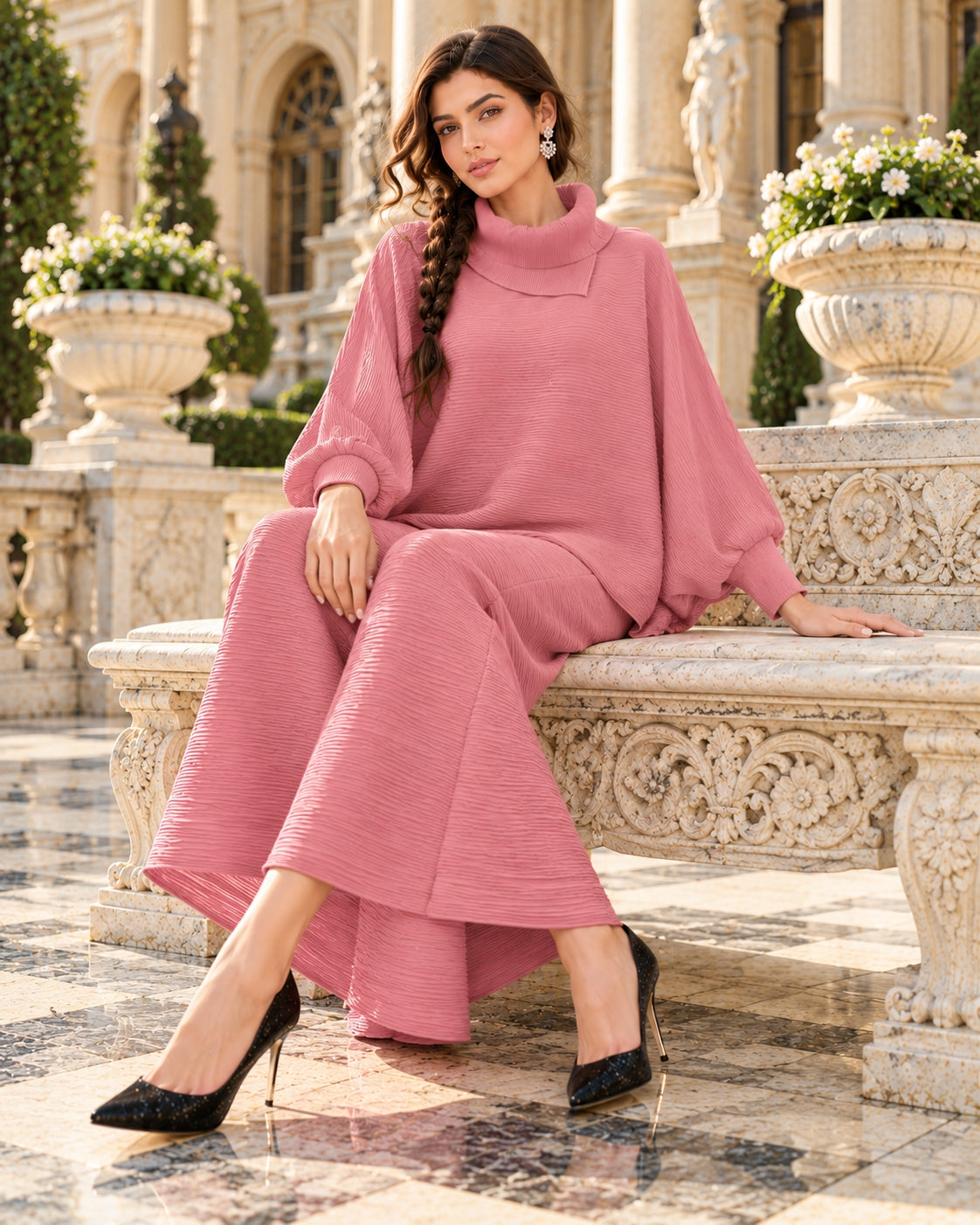 Pleated High Collar Lantern Sleeve Tops Wide Leg Pants Women Spring Causal Two Piece Sets Natalia Home Fashion    Natalia Home Fashion