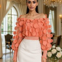 Fashion Women's Shirt Floral Pattern Shirred Sheer Mesh Patch Long Sleeve Off The Shoulder Gigot Sleeve Top