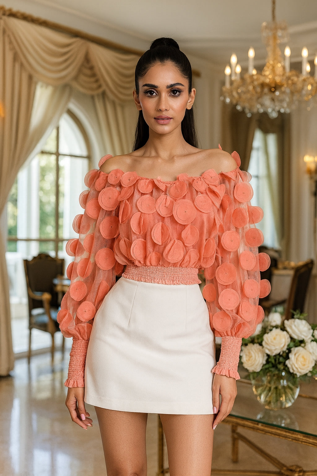 Fashion Women's Shirt Floral Pattern Shirred Sheer Mesh Patch Long Sleeve Off The Shoulder Gigot Sleeve Top