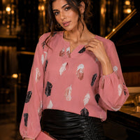 Fashion Woman Blouse Shirts For Women Stylish Top long Sleeve Feather Pattern Female Tops Elegant Chiffon Natalia Home Fashion    Natalia Home Fashion