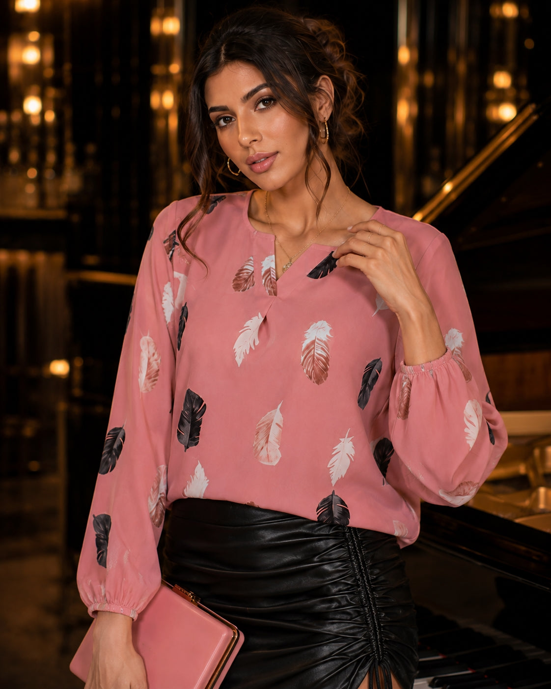 Fashion Woman Blouse Shirts For Women Stylish Top long Sleeve Feather Pattern Female Tops Elegant Chiffon Natalia Home Fashion    Natalia Home Fashion