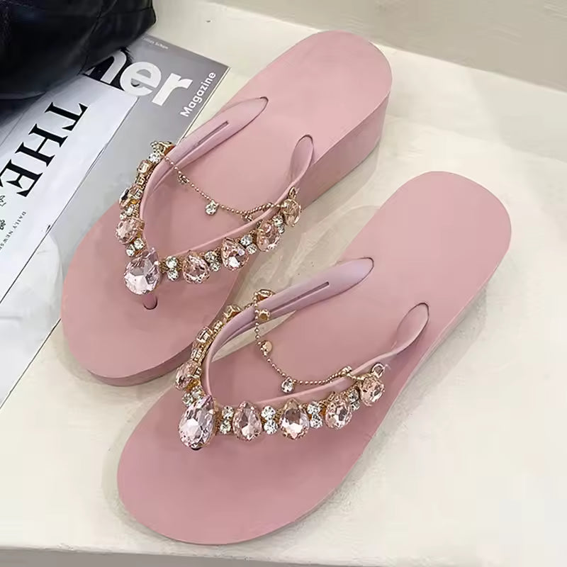 Women Slippers Fashion Summer New Water Diamond Flip Flops Women Outwear Thick Sole Slope Heels Beach Vacation Slippers