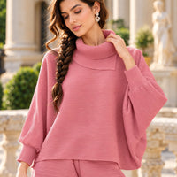Pleated High Collar Lantern Sleeve Tops Wide Leg Pants Women Spring Causal Two Piece Sets Natalia Home Fashion    Natalia Home Fashion