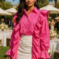 Ruffles Solid Women Shirt Pink Blue Lapel Female Top Elegant Fashion Single Breasted Flare Long Sleeve Lady Blouses