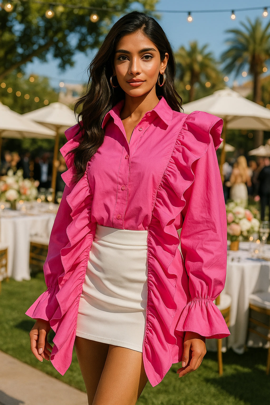 Ruffles Solid Women Shirt Pink Blue Lapel Female Top Elegant Fashion Single Breasted Flare Long Sleeve Lady Blouses