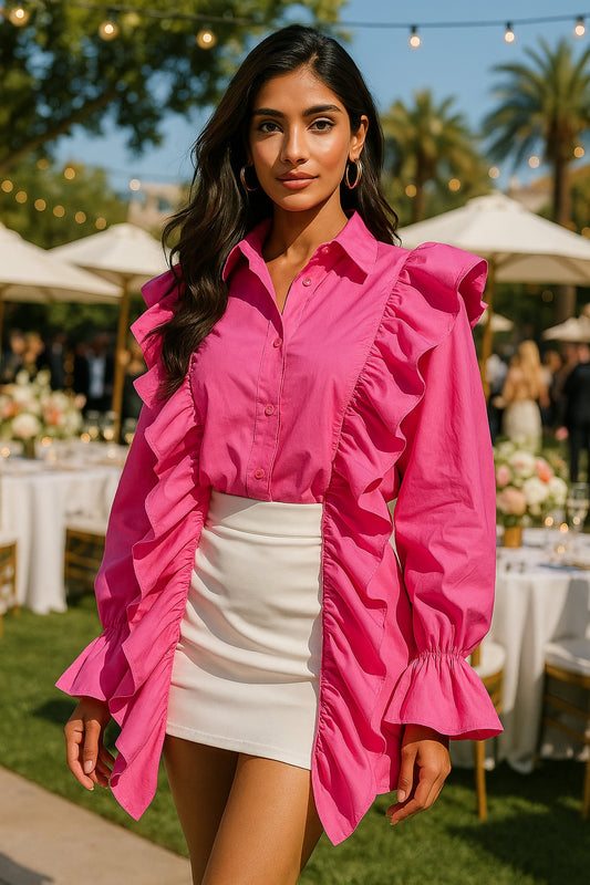 Ruffles Solid Women Shirt Pink Blue Lapel Female Top Elegant Fashion Single Breasted Flare Long Sleeve Lady Blouses