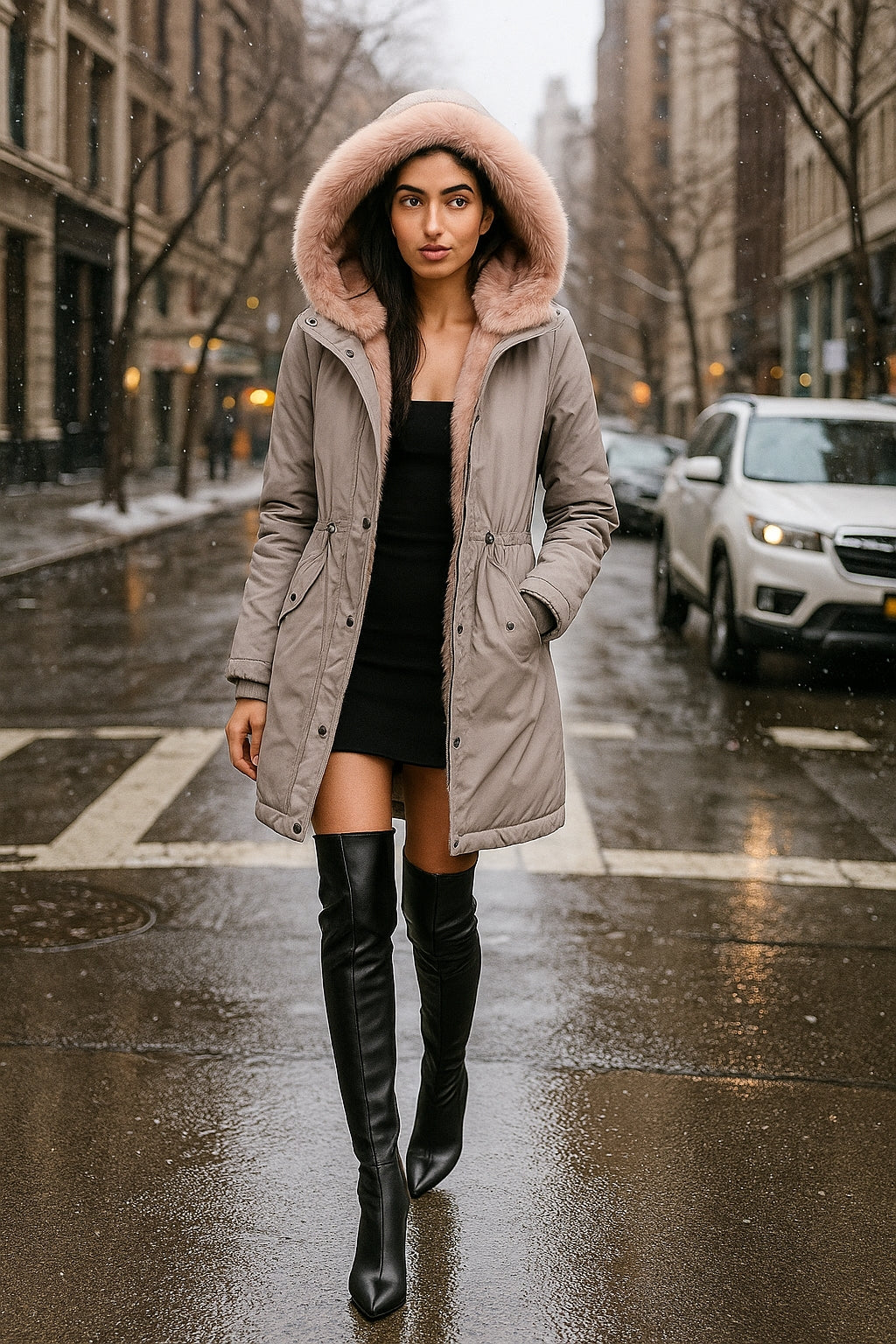 Warm Cotton Jacket with Zipper And Hood Women's Fashionable Slim Fit Coat Long Sleeve Thermal Outerwear - Natalia Home Fashion