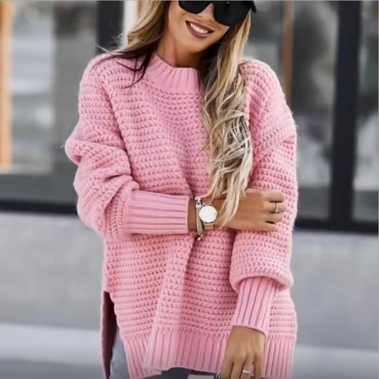 Solid Color Simple Semi-high Collar Long-sleeved Split Pullover Sweater Women's Loose Casual Knitted Sweater Natalia Home Fashion    Natalia Home Fashion