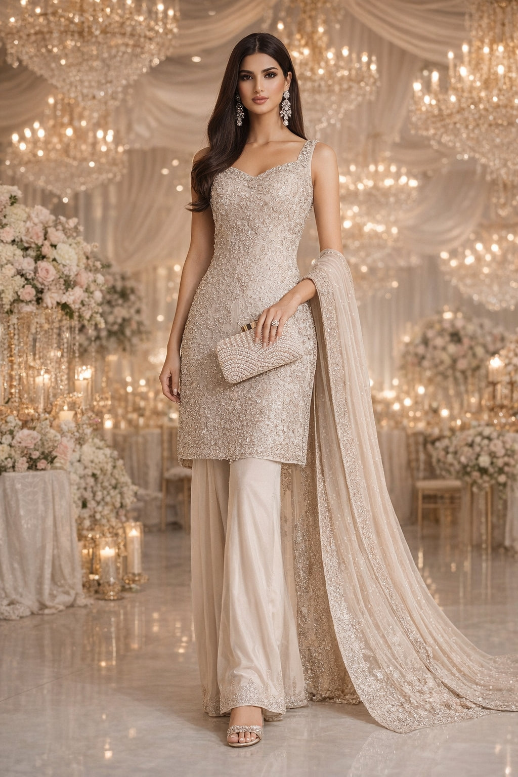 Ladies Pearl Elegant Evening Bag Fashionable Stylish Beading Wedding Dinner Party Banquet  Dress Clutch Bag with Long Chain