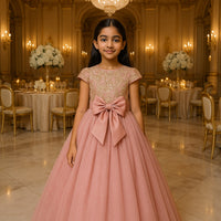 Girls Flower Embroidery Party Dress Kids Big Bow Long Wedding Bridesmaid Prom Gown Girl Fashion Lace Birthday Clothes Costumes