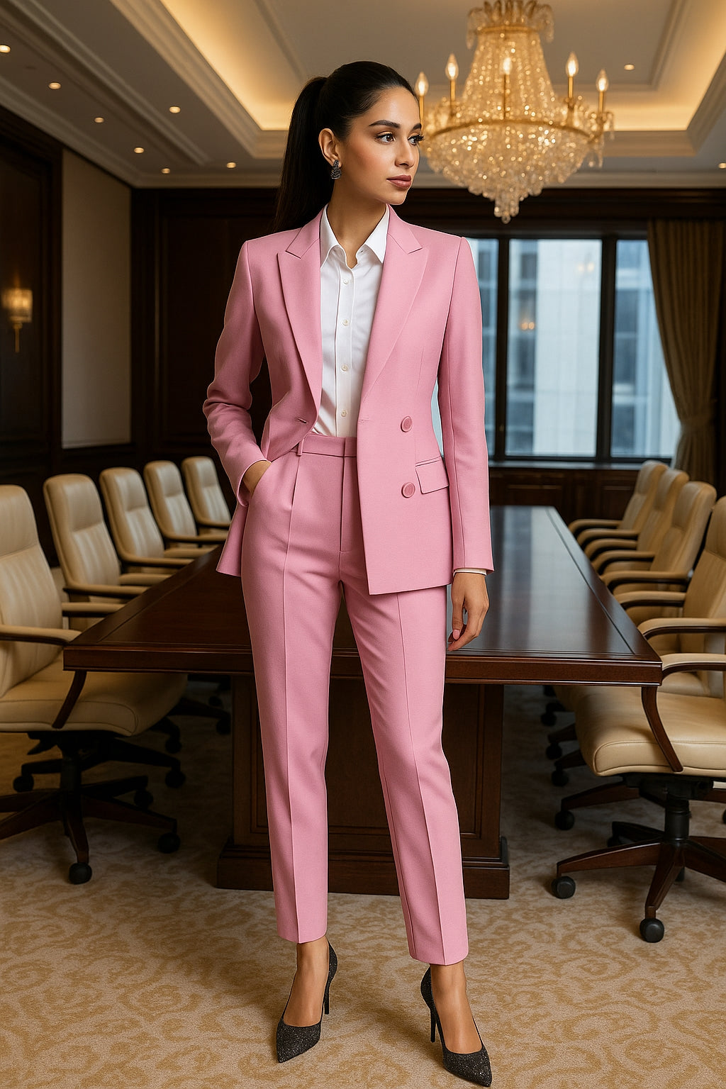 Women Fashion Solid Pant Suits, Office Lady Elegant V-Neck Long Sleeve Blazer Set, Pencil Pants Slim Ladies Outfit