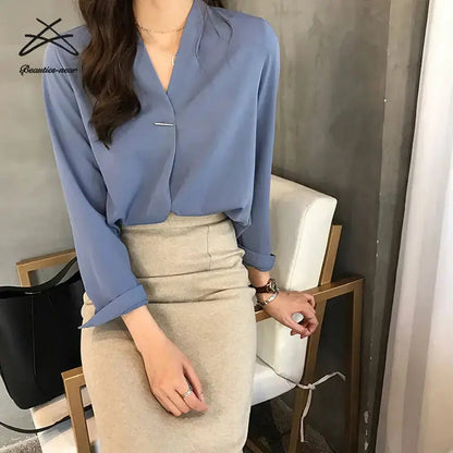 Plain ladies blouses chiffon tops casual shirts women v neck office formal business lady blouse My Store Europhia Top   Natalia Home Fashion