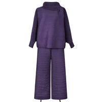 Pleated High Collar Lantern Sleeve Tops Wide Leg Pants Women Spring Causal Two Piece Sets Natalia Home Fashion    Natalia Home Fashion