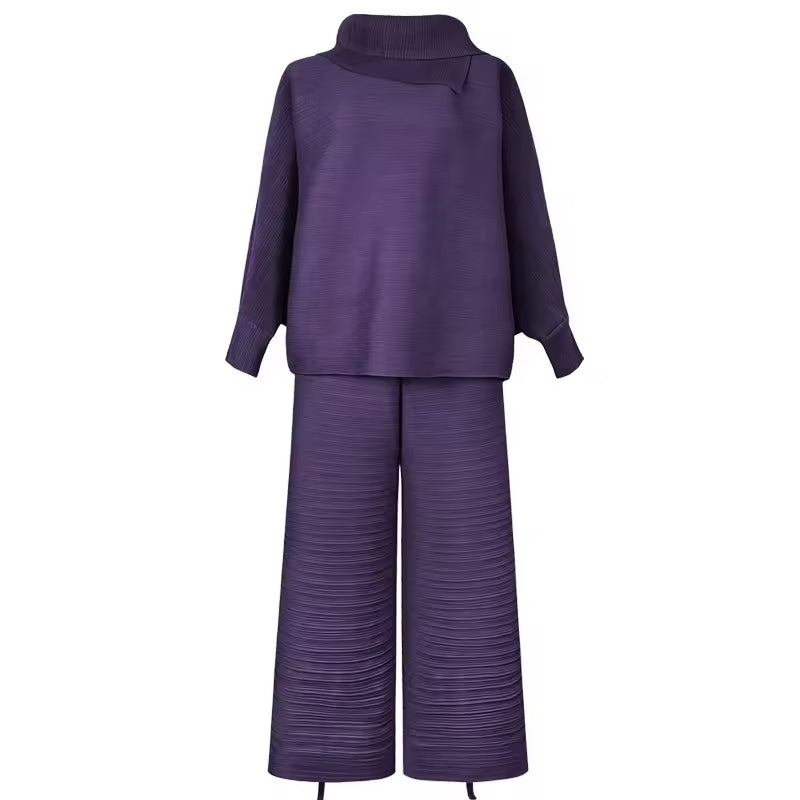 Pleated High Collar Lantern Sleeve Tops Wide Leg Pants Women Spring Causal Two Piece Sets Natalia Home Fashion    Natalia Home Fashion