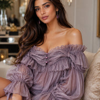 Off Shoulder Sweet Chiffon Top Long Sleeve Elastic French Style Solid Women Vacation Ruffles Loose Dresses