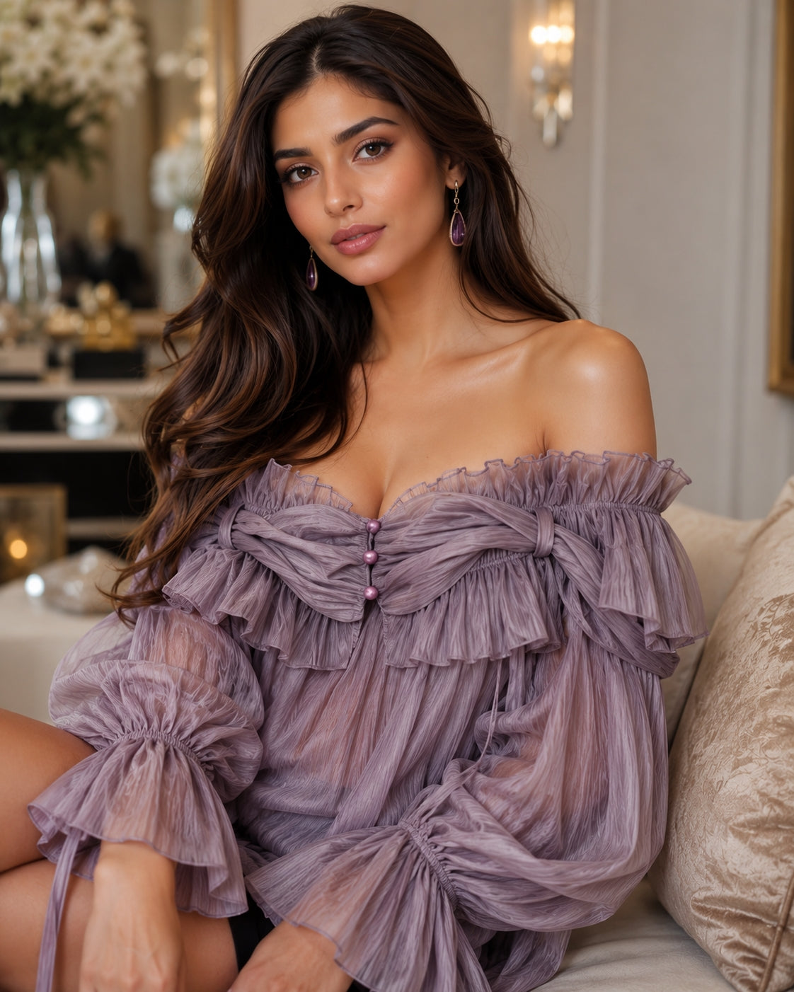 Off Shoulder Sweet Chiffon Top Long Sleeve Elastic French Style Solid Women Vacation Ruffles Loose Dresses
