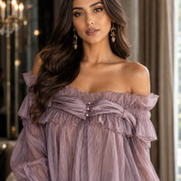 Off Shoulder Sweet Chiffon Top Long Sleeve Elastic French Style Solid Women Vacation Ruffles Loose Dresses