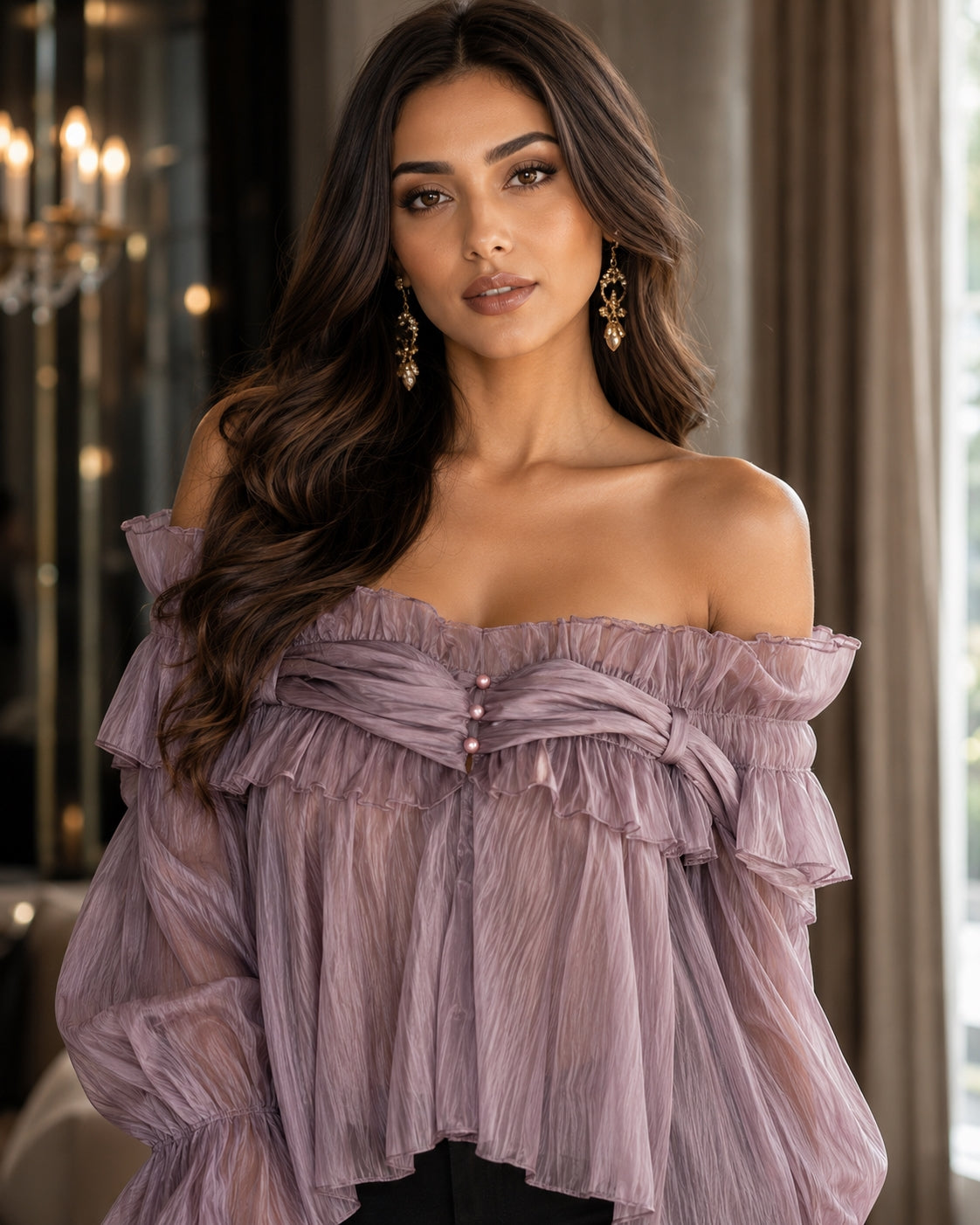 Off Shoulder Sweet Chiffon Top Long Sleeve Elastic French Style Solid Women Vacation Ruffles Loose Dresses