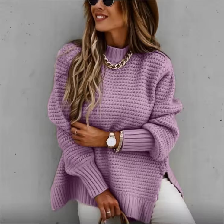Solid Color Simple Semi-high Collar Long-sleeved Split Pullover Sweater Women's Loose Casual Knitted Sweater Natalia Home Fashion    Natalia Home Fashion