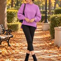 Solid Color Simple Semi-high Collar Long-sleeved Split Pullover Sweater Women's Loose Casual Knitted Sweater Natalia Home Fashion    Natalia Home Fashion