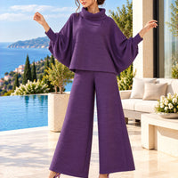 Pleated High Collar Lantern Sleeve Tops Wide Leg Pants Women Spring Causal Two Piece Sets Natalia Home Fashion    Natalia Home Fashion
