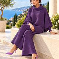 Pleated High Collar Lantern Sleeve Tops Wide Leg Pants Women Spring Causal Two Piece Sets Natalia Home Fashion    Natalia Home Fashion