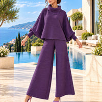 Pleated High Collar Lantern Sleeve Tops Wide Leg Pants Women Spring Causal Two Piece Sets Natalia Home Fashion    Natalia Home Fashion