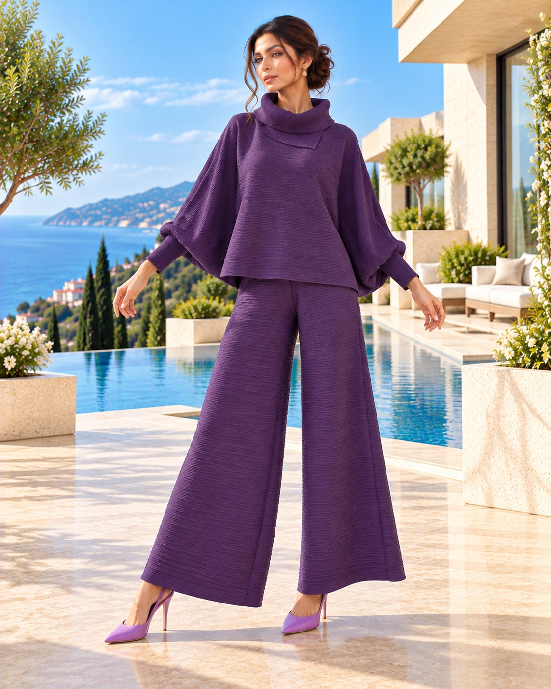 Pleated High Collar Lantern Sleeve Tops Wide Leg Pants Women Spring Causal Two Piece Sets Natalia Home Fashion    Natalia Home Fashion
