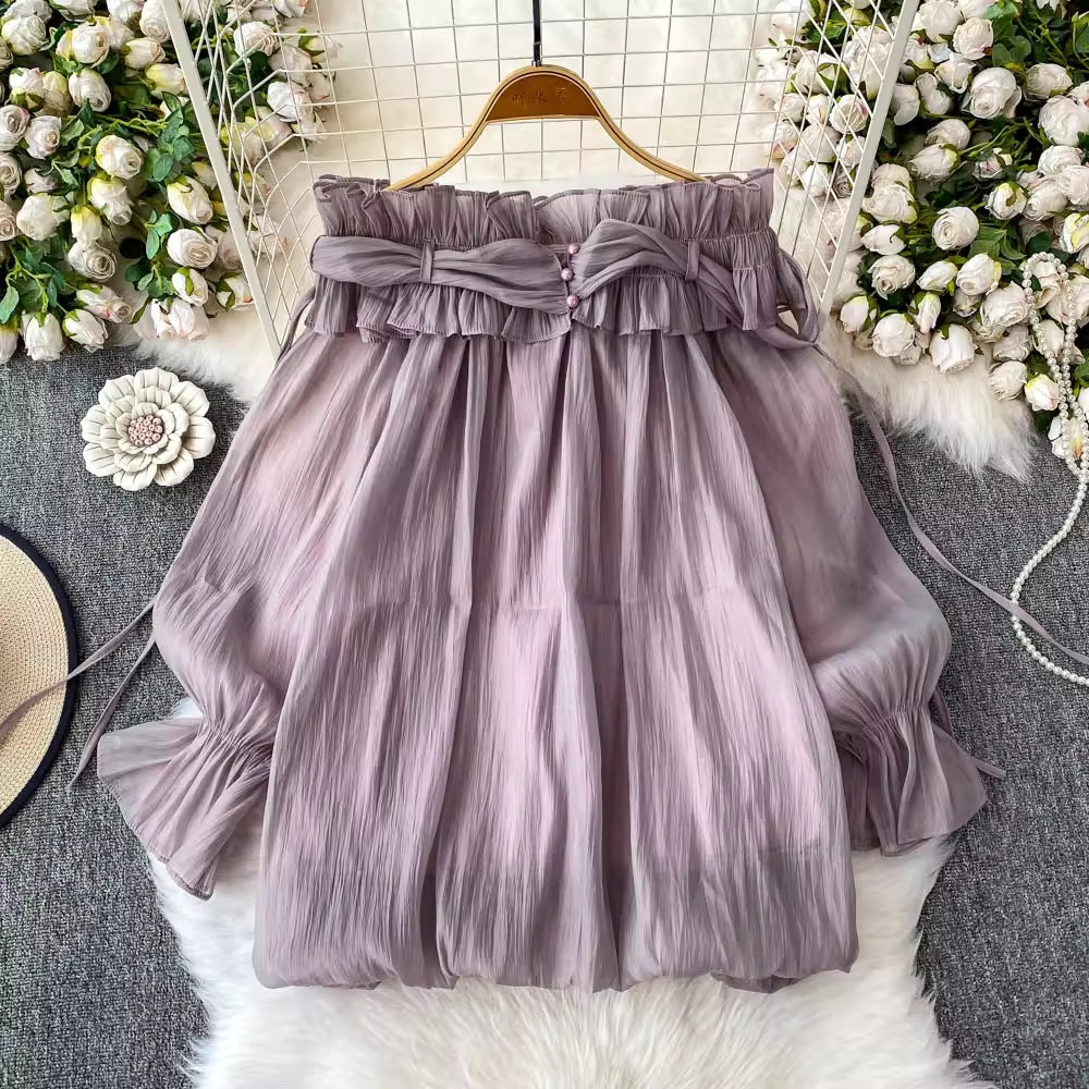 Off Shoulder Sweet Chiffon Top Long Sleeve Elastic French Style Solid Women Vacation Ruffles Loose Dresses