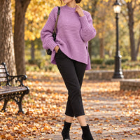 Solid Color Simple Semi-high Collar Long-sleeved Split Pullover Sweater Women's Loose Casual Knitted Sweater Natalia Home Fashion    Natalia Home Fashion