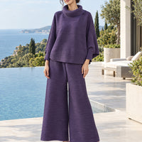 Pleated High Collar Lantern Sleeve Tops Wide Leg Pants Women Spring Causal Two Piece Sets Natalia Home Fashion    Natalia Home Fashion