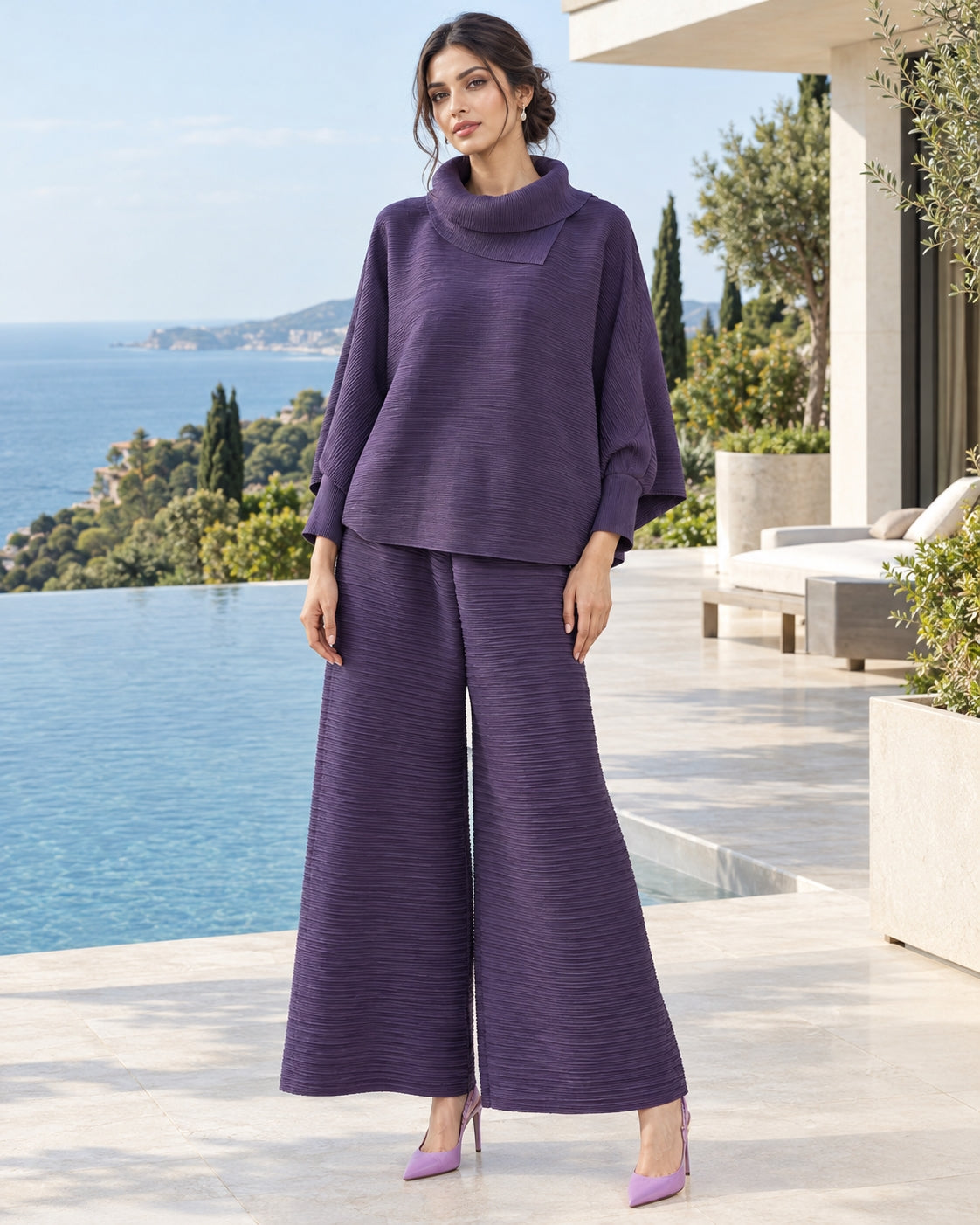 Pleated High Collar Lantern Sleeve Tops Wide Leg Pants Women Spring Causal Two Piece Sets Natalia Home Fashion    Natalia Home Fashion