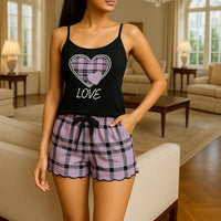 Women Sexy Suspender Shorts Thin Pajamas Letter Print Plaid Shorts Large Pajamas Romantic Home Wear Sexy Nightwear Short Pajama