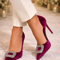 Women 10.5cm Super High Heels Pointed Toe Side Hollow Work Pumps Metal Crystal Buckle Velvet Stiletto Fashion Banquet Lady Shoes