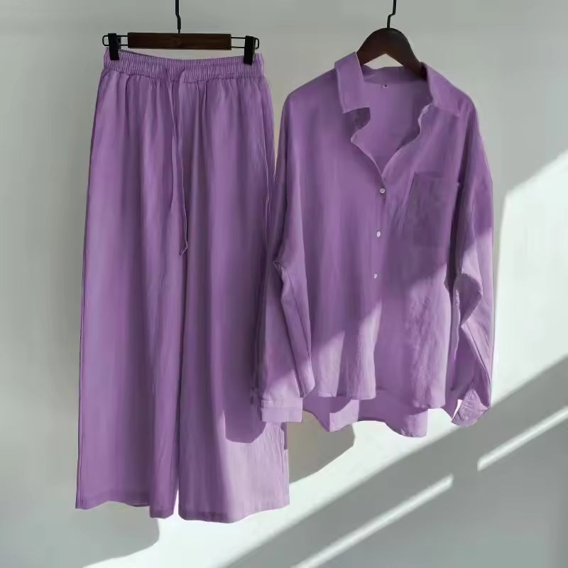 Cotton and Linen Shirt Suit High Waist Loose Trousers Elegant Women Sets Two Piece Set for Women Natalia Home Fashion    Natalia Home Fashion