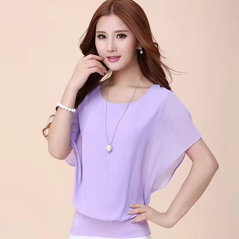 Women's Clothing Chiffon Short Sleeve Bat Wing Shirt Loose Fit Slimming T-Shirt For Women Natalia Home Fashion    Natalia Home Fashion