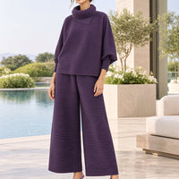 Pleated High Collar Lantern Sleeve Tops Wide Leg Pants Women Spring Causal Two Piece Sets Natalia Home Fashion    Natalia Home Fashion