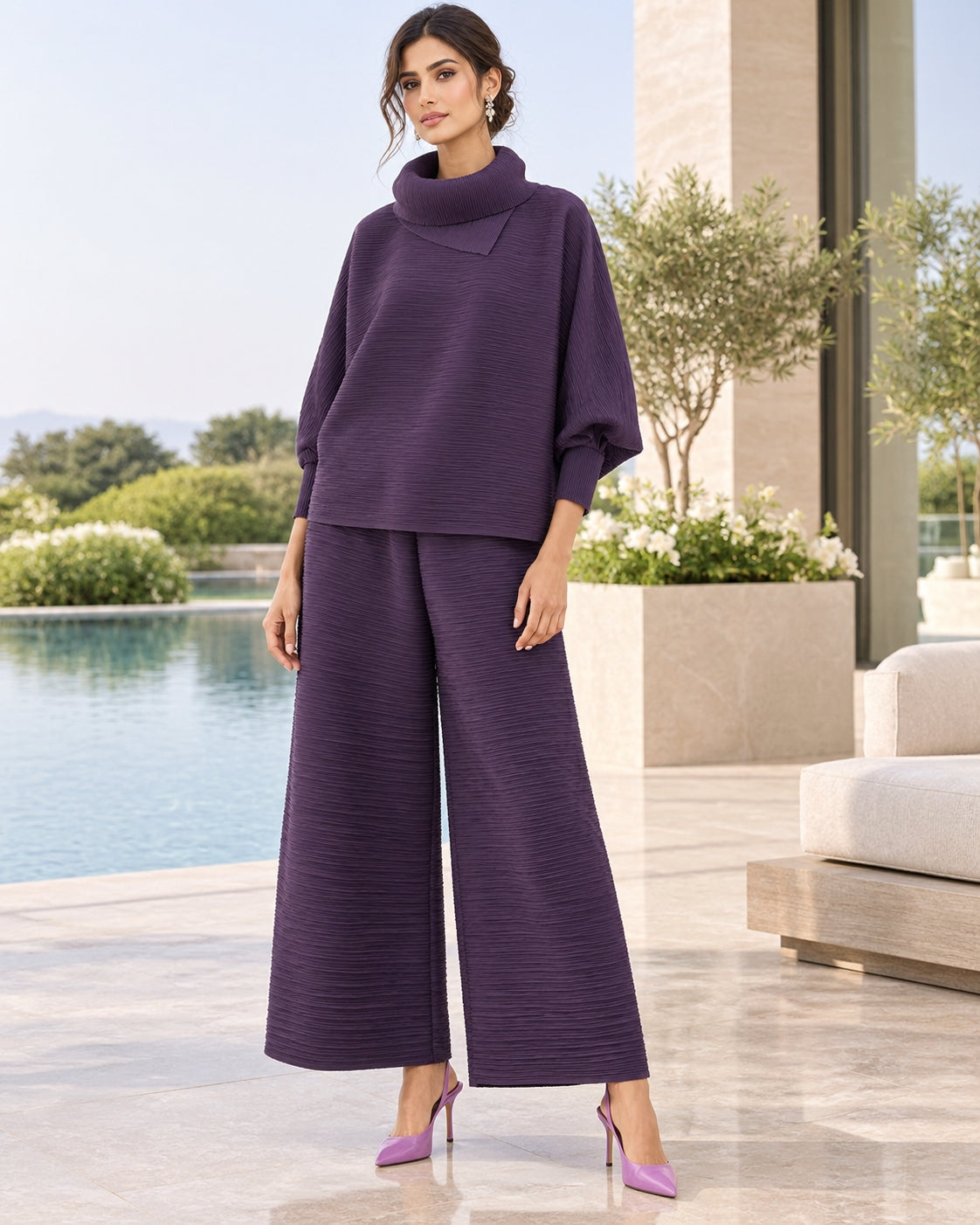 Pleated High Collar Lantern Sleeve Tops Wide Leg Pants Women Spring Causal Two Piece Sets Natalia Home Fashion    Natalia Home Fashion