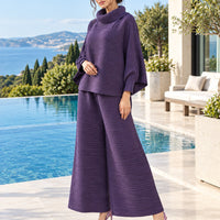 Pleated High Collar Lantern Sleeve Tops Wide Leg Pants Women Spring Causal Two Piece Sets Natalia Home Fashion    Natalia Home Fashion
