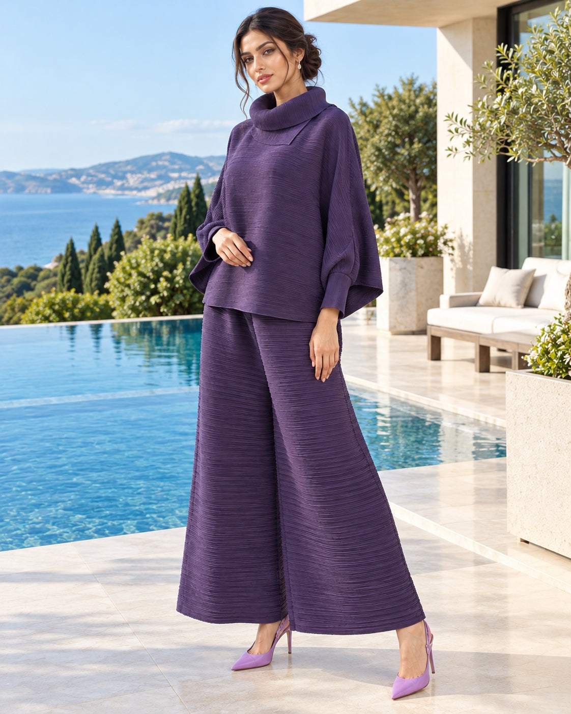 Pleated High Collar Lantern Sleeve Tops Wide Leg Pants Women Spring Causal Two Piece Sets Natalia Home Fashion    Natalia Home Fashion